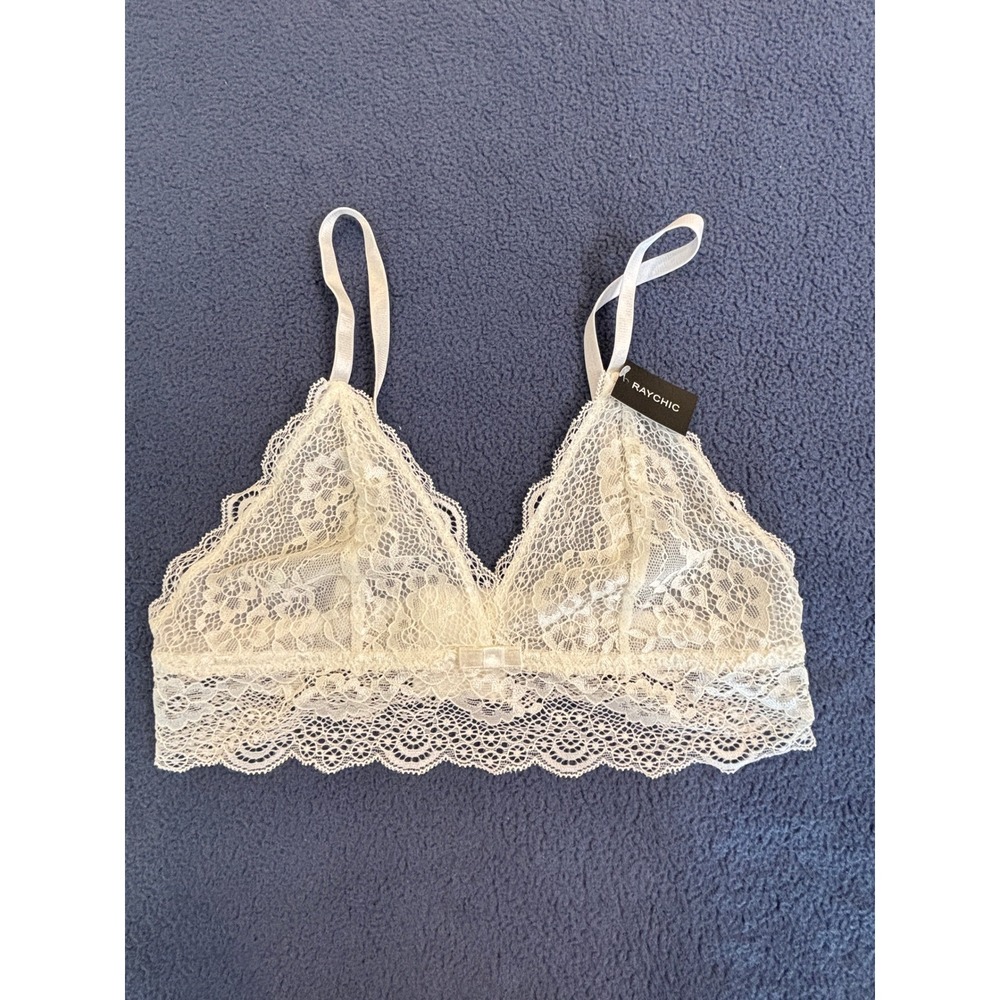 Raychic White Floral Lace Bralette Triangle Wireless Bra Size Medium NWT